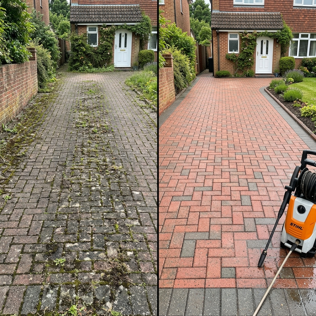 Before and after driveway power washing in Glasgow - block paving cleaned