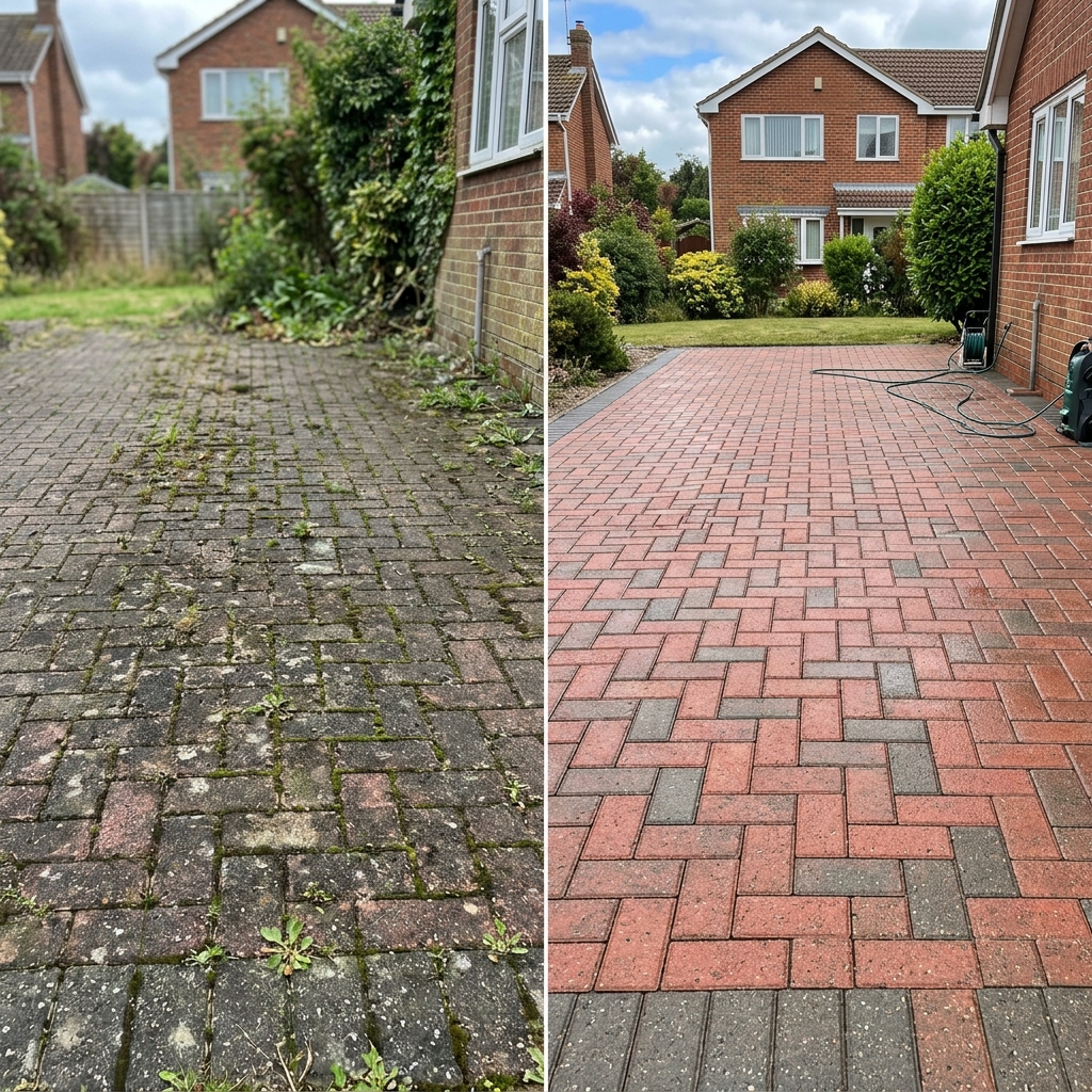 Before and after patio power washing in East Kilbride — block paving cleaned